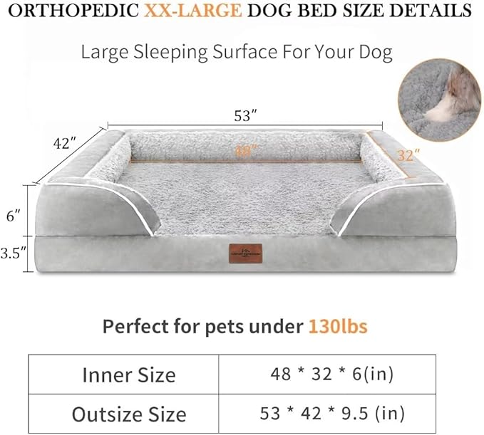 Comfort Expression XXL Dog Beds Waterproof for Extra Large Dogs, Orthopedic Memory Foam Dog Bed for Giant Dogs, Washable Pet Sofa Couch with Bolster & Removable Cover(XX-Large,Light Grey)-PawvioPets