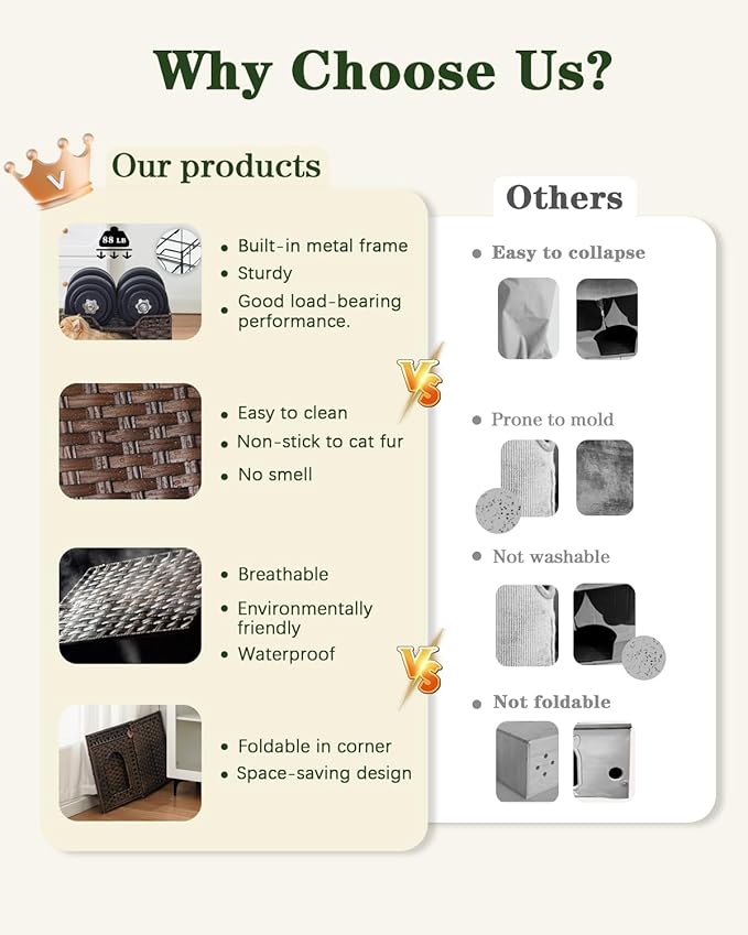 Cat Beds Indoor Kitten House, Handwoven Rattan Cat Cave Pet Cube, Large Cat Houses, One Bed Mat, Foldable, Hideaway, 16.5x16.5x13.2 Inches, 2 S-Shaped Hooks in Living Room Bedroom Brown-PawvioPets