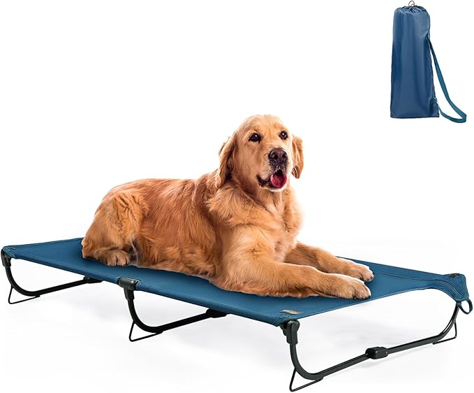 Folding Raised Dog Bed, Large Outdoor Elevated Dog Cot, Cooling Chew Proof Pet Cots Bed, Portable, Heavy Duty Up to 160 lbs, Pet Cot for Camping, Home, Dark Blue, 49"x33"x7"-PawvioPets