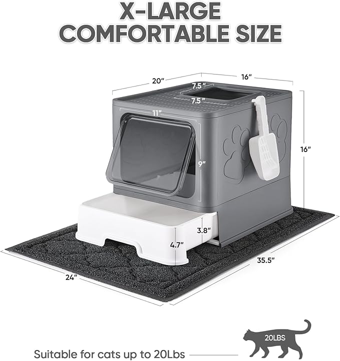 Cat Litter Box with X-Large Litter Mat and Scoop, Large Foldable Litter Box with Lid, Enclosed Kitty Box,Front Top Entry Exit, Odor Control Easy to Clean (Upgrade Dark Grey)-PawvioPets