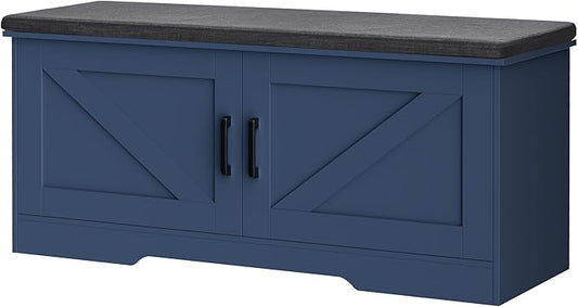 2-Tier Storage Bench, Shoe Bench with Padded Seat Cushion, Entryway Bench with 2 Barn Doors, Adjustable Shelf, 13.8" D x 39.4" W x 17.7" H, for Entryway, Living Room, Bedroom, Blue-PawvioPets