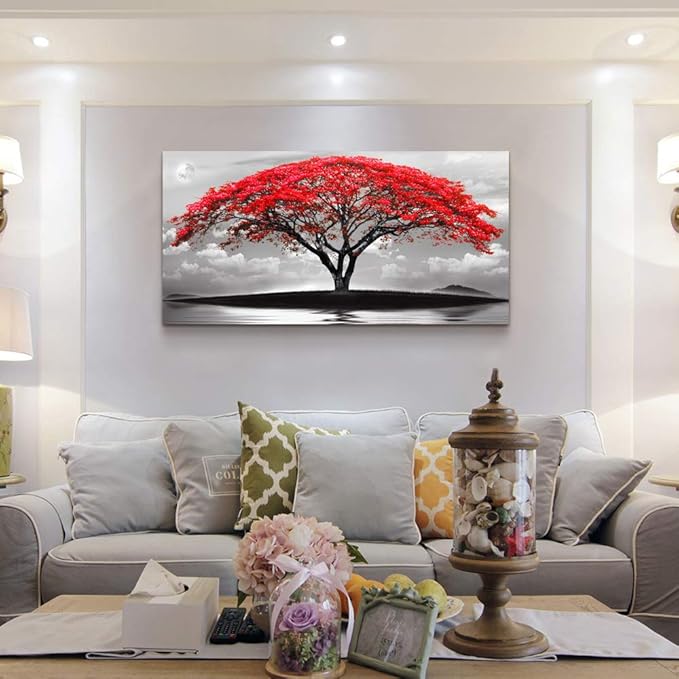 canvas wall art for living room bathroom Wall Decor Black and white landscape red tree moon scenery Hang painting Home Decorations for office bedroom kitchen Works canvas Prints pictures 20" x 40"inch-PawvioPets