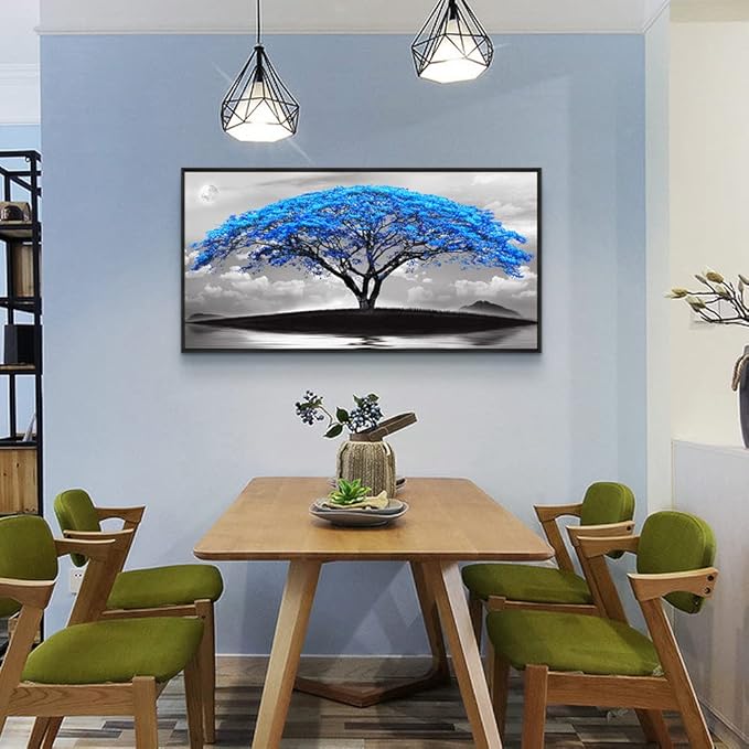 Framed Canvas Wall Art For Living Room Large Size Office Wall Decor Bedroom Decor Wall Pictures Artwork Black And White Landscape Blue Tree Moon Wall Painting Home Decorations Black Frame 20" X 40"-PawvioPets