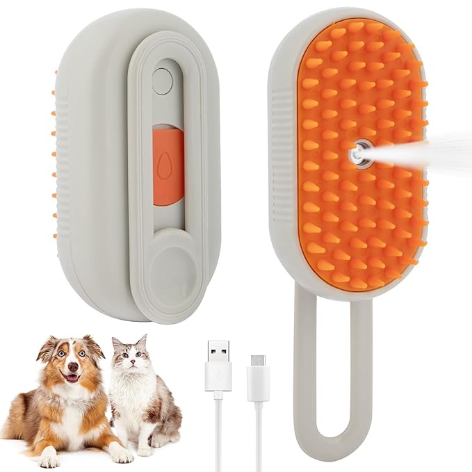 4-in-1 Cat Steam Brush Cat and Dog Anti-Static steam Brush with Spray for Massaging,cleaning,Shedding,Grooming,New Rechargeable Pet Grooming Brushes(cream khaki)-PawvioPets
