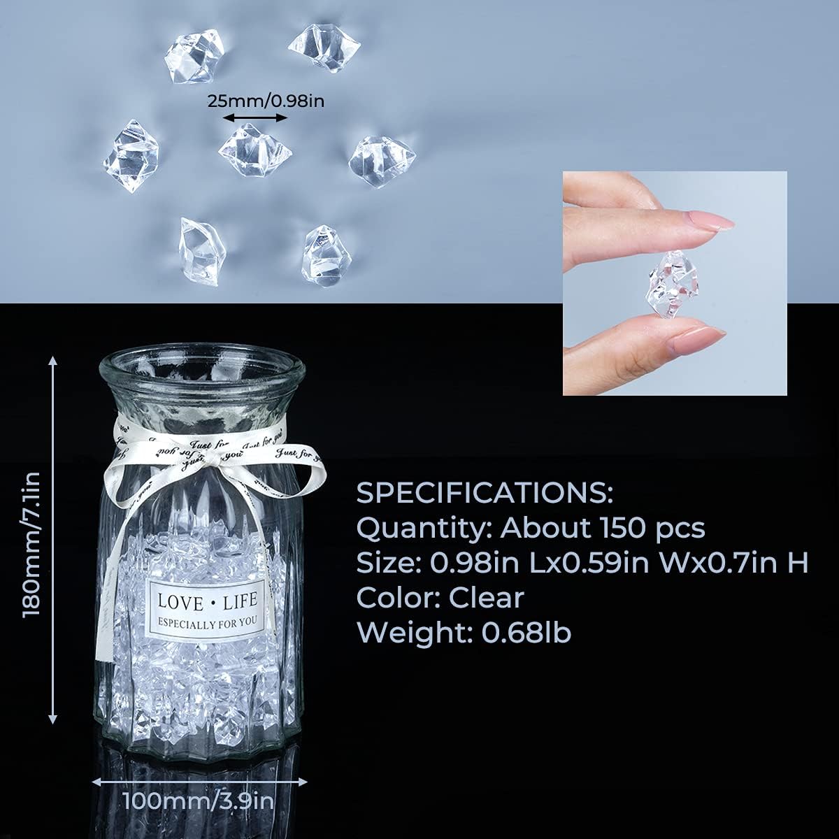 Acrylic Crushed Ice Rocks, Babenest 150 PCS Fake Crystals Plastic Ice Cubes Diamonds Gems for Vase Fillers, Home Decoration, Table Scatter, Event, Wedding, Arts & Crafts (Clear)