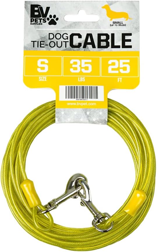 BV Dog Tie Out Cable 25 Feet - Heavy Duty Dog Lead Up to 35 Pounds - Reflective & Rust-Free with Quick Release Swivel Clips & 360° Rotating Clasp - Tangle-Free Dogs Runner for Yard (Yellow, Single)-PawvioPets