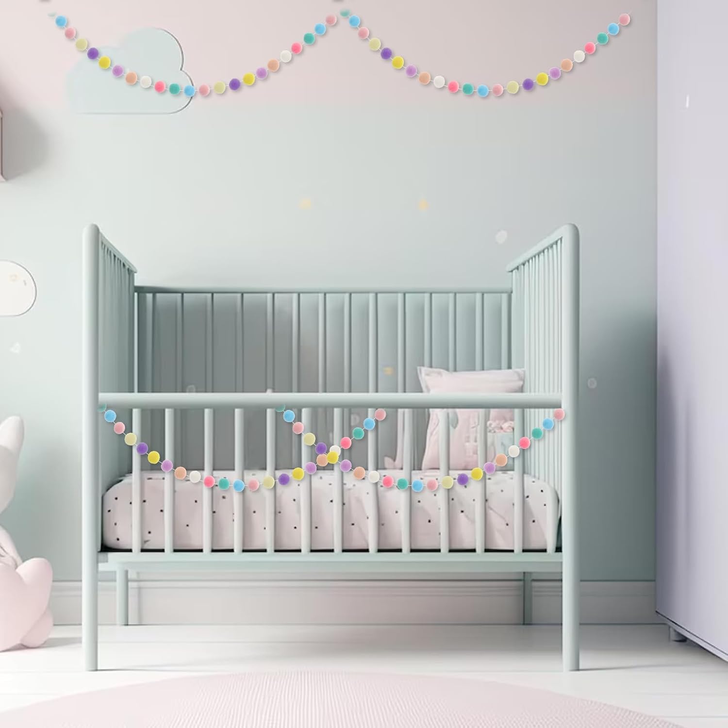 2 Pcs Pom Pom Garland 9.8 Feet 30 Balls Felt Ball Garland Pastel Ball Banner Cute Pompom Decorative Garland Rainbow Colorful Ball Ornament Garland for Wall Christmas Tree Decoration(10 Macaron Colors)