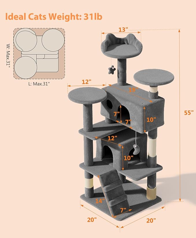 54" Cat Tree Tower for Indoor Cats Large Adult,Cute/Tall Modern Cat Tree for Big Cats 20 lbs, Plush Multi-Level Cat Condo with Scratching Posts,Hammock, Dangling Ball (Smoky Gray, 54 inch)-PawvioPets