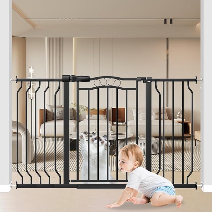 Baby Gate for Stairs 29.53"-53.1" Extra Wide, Pressure Mounted Dog Gate Indoor, Walk Thru Pet Gate for Cat Dog Child,Pet Gates for The House Doorway Black-PawvioPets