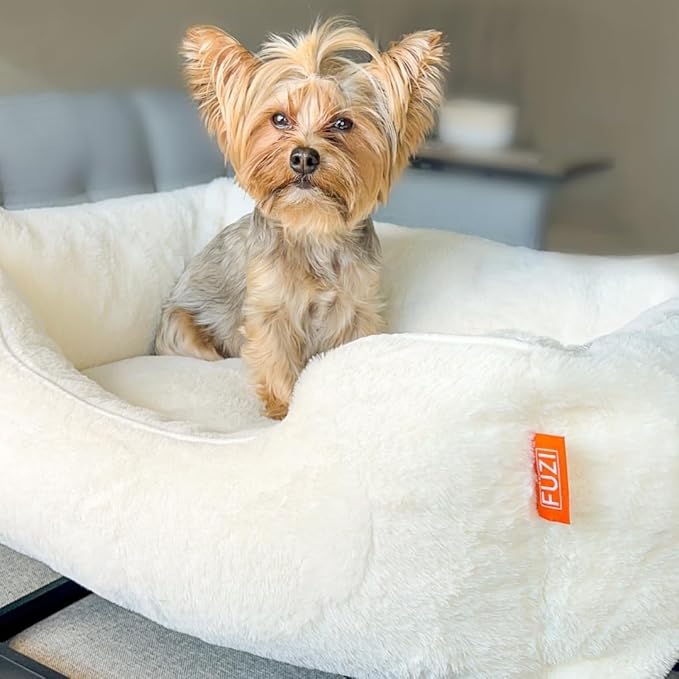 FUZI Luxury Aesthetic Dog Bed for Small Dogs with Washable Cover, Pet Couch, Pet Bed with Sides, Non-Slip Bottom, Soft and Durable Calming Dog Bed, Faux Rabbit Fur, Small 25.1x16.75x9.5 Soft White-PawvioPets