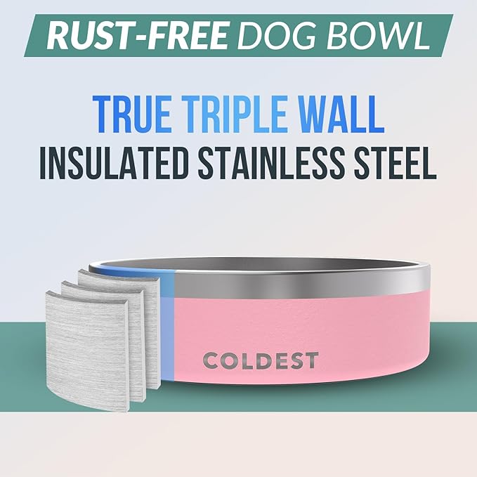 Coldest Dog Bowl - Anti Rust Metal, Non Slip, 3 Layers Insulated Stainless Steel Dog Bowls - Spill Proof & Heavy Duty - Water Bowl for Dogs, Cats & Pets, Dish Washer Safe (42 oz,Cotton Candy Pink)-PawvioPets