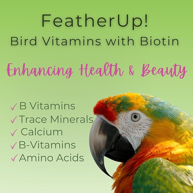 FeatherUp! Bird Vitamins with Biotin for Beautiful Plumage - Feather Growth Supplements for Parrots - 90 gm - 240 Servings-PawvioPets