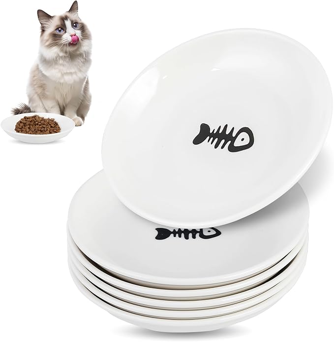 6 Pack Cat Food Bowl, Ceramic Cat Bowls, Anti Whisker Fatigue Cats Bowl Set,5.5 Inches Shallow Wide Kitten Plates for Food and Water (Fishbone Style)-PawvioPets