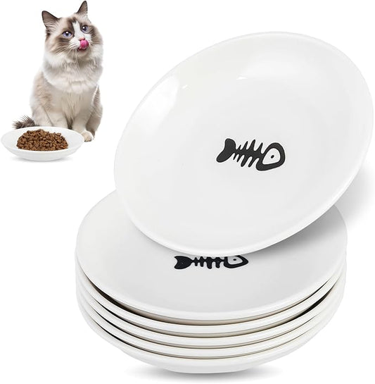 6 Pack Cat Food Bowl, Ceramic Cat Bowls, Anti Whisker Fatigue Cats Bowl Set,5.5 Inches Shallow Wide Kitten Plates for Food and Water (Fishbone Style)-PawvioPets