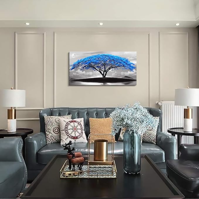 canvas wall art for living room bathroom Wall Decor Black and white landscape Blue tree moon painting to Hang Home Decorations for office bedroom kitchen Works canvas Prints pictures 20" x 40"inch-PawvioPets
