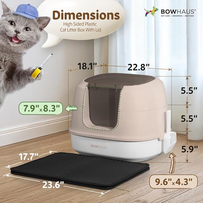 Detachable Cat Litter Box with Lid, 3-in-1 Cat Toilet of Cats, Large Space Anti-Leakage Gato Litter Box with Scoop, Mat & Odor Fitter, Beige/Pink-PawvioPets