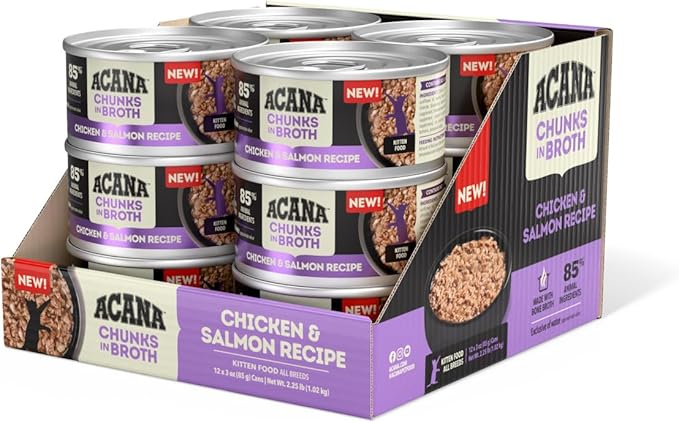 ACANA Chunks in Broth Wet Cat Food Chicken & Salmon Recipe for Kittens 3oz Cans (12 Count)-PawvioPets