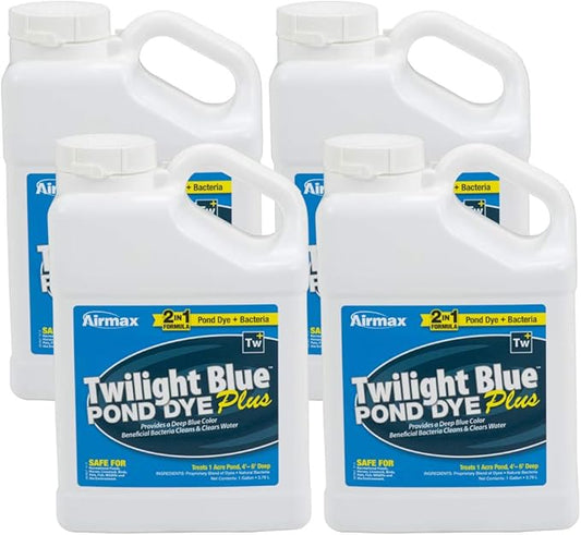 Airmax Pond Dye Plus, Twilight Blue Colorant & Natural Beneficial Bacteria, Large Pond & Lake Water Clarifier & Color Treatment, Shade Plants & Algae from Sunlight, Fish & Livestock Safe, 4 Gallons-PawvioPets