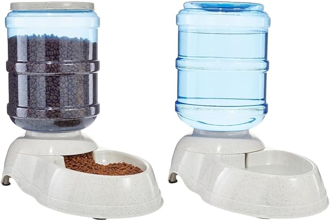 Amazon Basics Automatic Dog Cat Water Dispenser Gravity Feeder and Waterer Set, Large, 12-Pound Food Capacity, 2.5-Gallon, Gray-PawvioPets