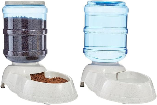 Amazon Basics Automatic Dog Cat Water Dispenser Gravity Feeder and Waterer Set, Large, 12-Pound Food Capacity, 2.5-Gallon, Gray-PawvioPets