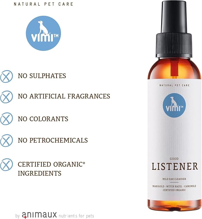 animaux vimi Ear Cleaner Good Listener - Ear Cleaner Spray for Sensitive Dog Ears - Ear Care with Camomile, Calendula & Witch Hazel - for Thorough & mild Cleaning - 3.38 Fl Oz-PawvioPets