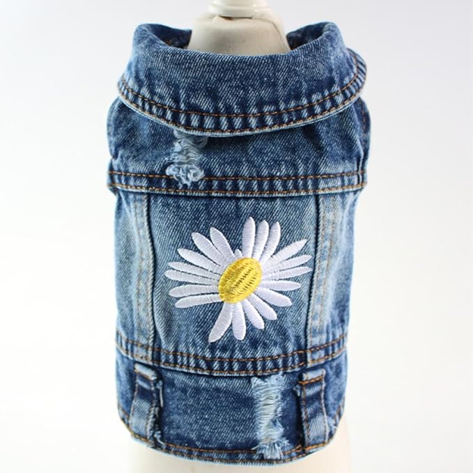 Dog Denim Jacket with Embroidered Daisy, Ripped Vintage Jean Vest for Small Dogs, Pugs, Chihuahuas, Spring Summer Autumn Festival Outfit-PawvioPets