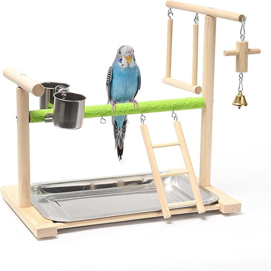 Birds Playground Parrot Playstand Birds Perch Stand Gym Natural Wood Play Stand with Ladder Swing Feeder Cups for Parakeets Cockatiels Lovebirds Conures Budgies-PawvioPets