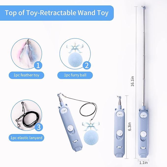 Cat Laser Toys, 2 in 1 Laser Pointer Cat Toys,Internative Cat Toys for Indoor Cats,3+5 Light Modes Cat Wand Toy, Retractable Cat Feather Toys, Long Range Kitten Toys,USB Rechargeable (Blue)-PawvioPets