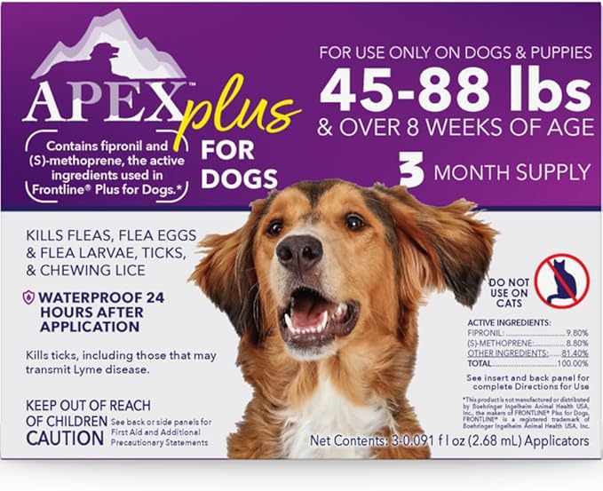 Apex Plus Flea and Tick Prevention for Dogs | Large (45-88 lbs) | 3-Month Supply | Dog Flea and Tick Treatment | 24-Hour Activation, Waterproof, 30-Day Protection-PawvioPets