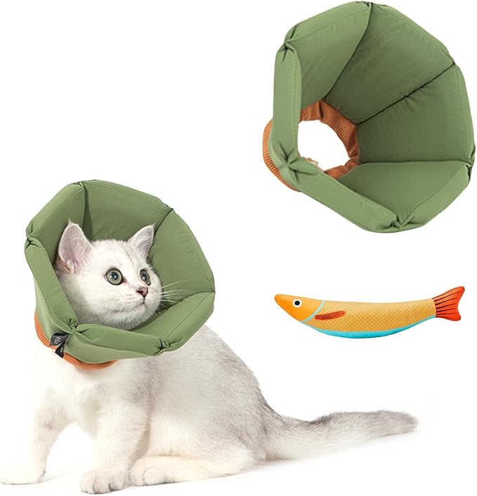 Cat Cone Collar - Soft Waterproof Elizabethan for Cats, Cute Green Flower Anti-Lick Recovery Collar, Adjustable Healing Collar for Wound Care & Surgery with a pet Toy Fish，S-PawvioPets