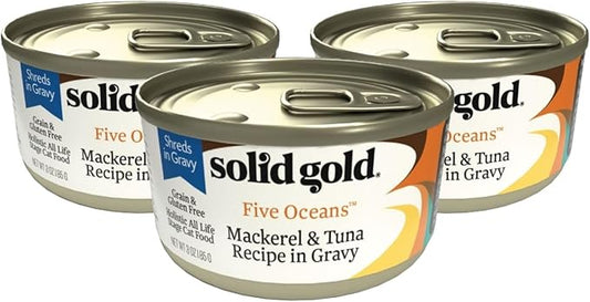 Five Oceans Solid Gold Wet Cat Food Shreds in Gravy - 3 Count Sample Pack - Real Tuna & Mackerel Cat Food for All Ages - Grain Free, Sensitive Stomach-PawvioPets