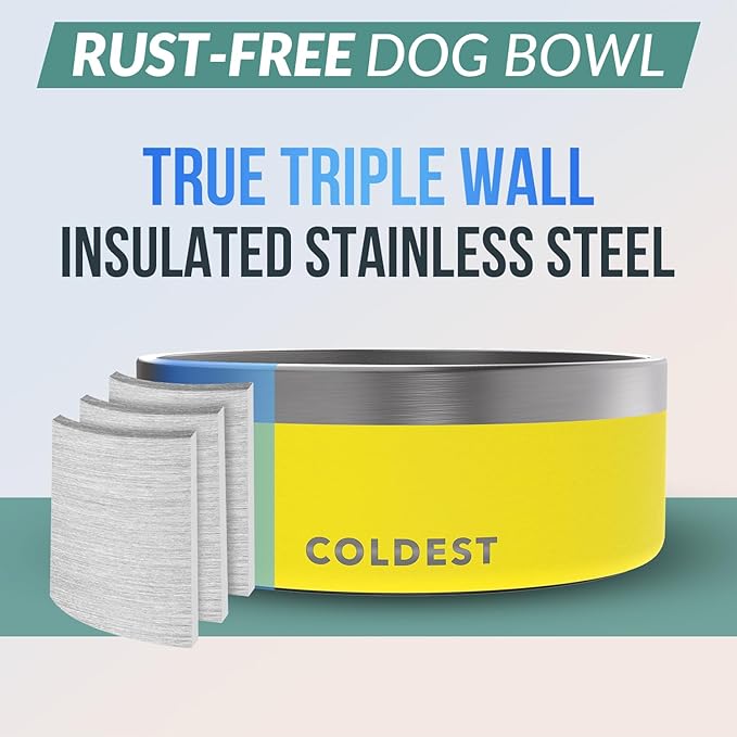 Coldest Dog Bowl - Anti Rust Metal, Non Slip, 3 Layers Insulated Stainless Steel Dog Bowls - Spill Proof & Heavy Duty - Water Bowl for Dogs, Cats & Pets, Dish Washer Safe (64 oz, Solar Yellow)-PawvioPets
