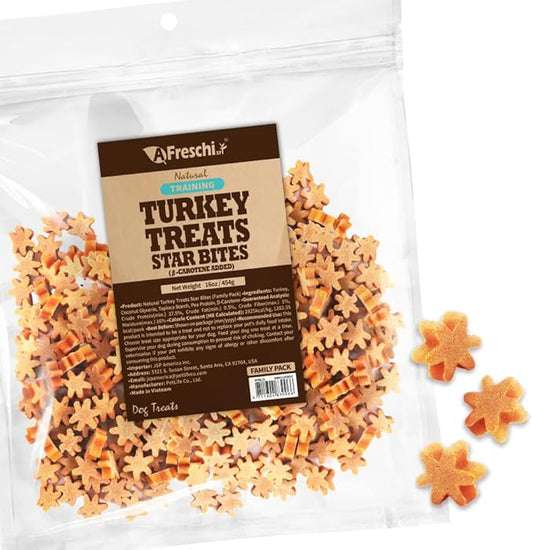 Afreschi Natural Turkey Treats Star Bites –16 oz, Hexagonal Shape, USA-Sourced Trukey, All-Natural, Hypoallergenic, Low-Fat, Healthy & Easily Digestible, Puppy & Training Snack & Small Dogs-PawvioPets