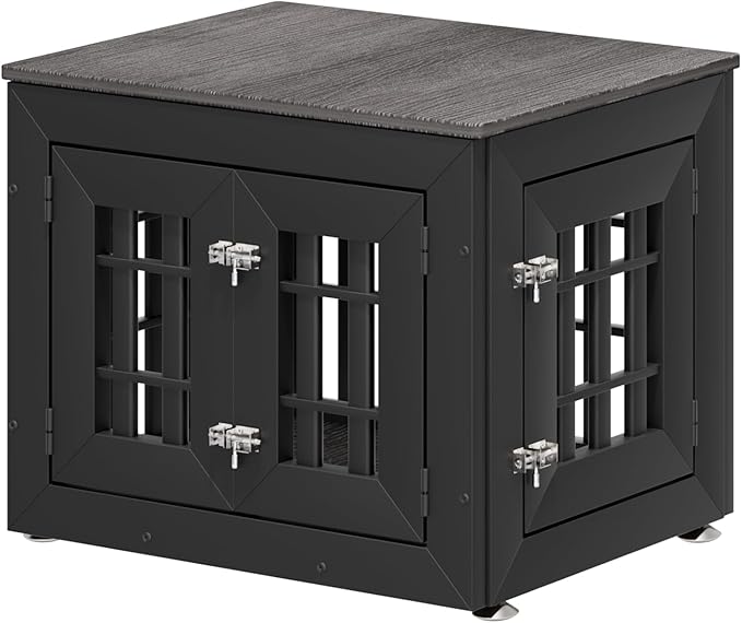26" Heavy Duty Dog Crate Furniture for Small,Medium and Large Dogs,Rustic Wooden Dog Cage Kennel Indoor Furniture with Waterproof Top,Decorative Pet House Side End Table (Black & Grey)-PawvioPets