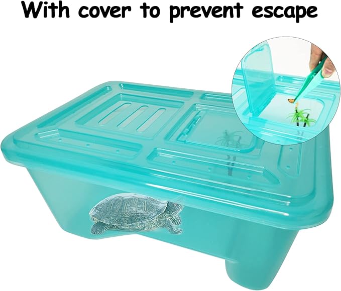 Fhiny Turtle Tank with Lid, Plastic Reptile Terrarium Turtle Breeding Box with Basking Platform Tortoise Aquarium for Crayfish Hermit Crabs Geckos Lizards Habitat Prevent Escaping (Medium)-PawvioPets