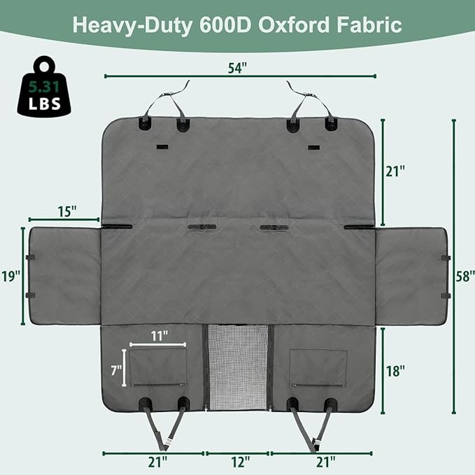 Dog Car Seat Cover for Back Seats 100% Waterproof with Metal Buckle Mesh Window Scratch Proof Heavy Duty Rear Backseat Protector Hammock for Pet, SUV Truck Vehicle Accessories, 54" x 58", Grey-PawvioPets
