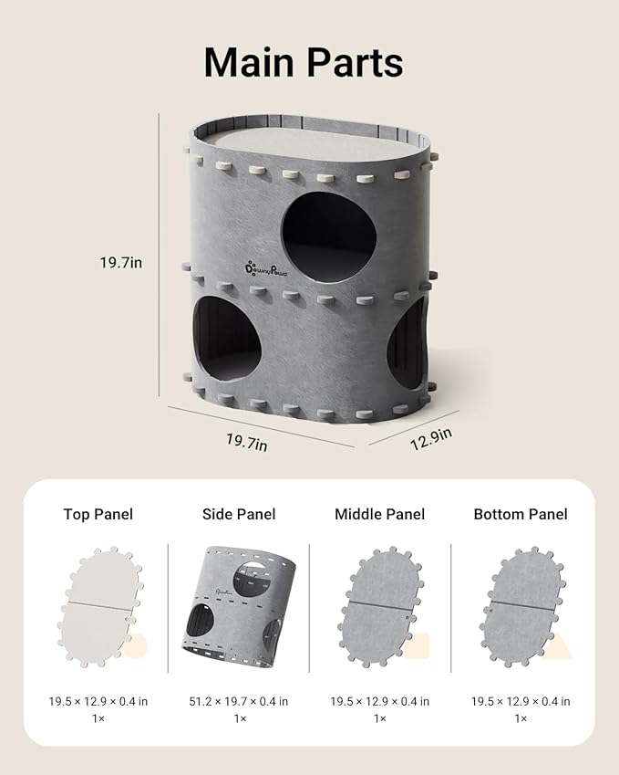 DownyPaws Cat House for Indoor Cats, 2-Storey Foldable Cat Bed Cave, Felt Cats Tunnel Bed Condo, Castle Kitten Cube Hideaway for Multicats, Scratch Resistant, Light Gray-PawvioPets