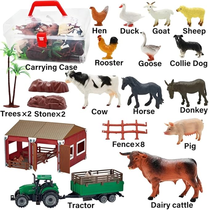 BOLZRA Mini Barn Playset, 66PCS Plastic Animals Figurines and Fence, Farm Figures Farmer Vehicle Toy Truck with Trailer for 3-12 Years Old Kids Boys Girls Toddlers-PawvioPets