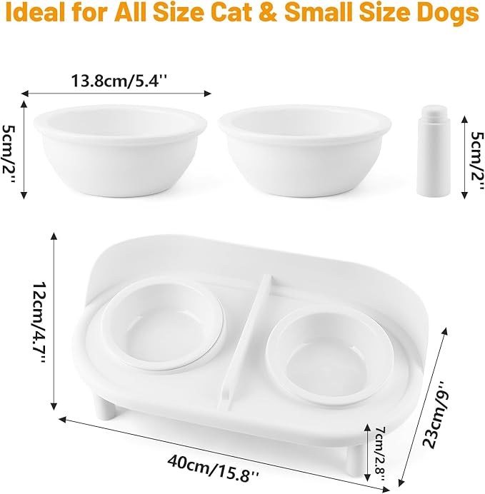 Elevated Cat Bowls, Tilted Rised Cat Food and Water Bowl with 2 Pcs Ceramic Pet Bowls, Rised Stand, Pet Dish Anti Vomiting Feeding Station for All Sized Cats & Small Dogs (White)-PawvioPets