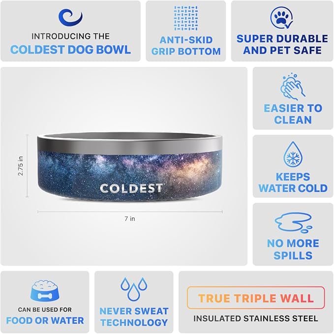 Coldest Dog Bowl - Anti Rust Metal, Non Slip, 3 Layers Insulated Stainless Steel Dog Bowls - Spill Proof & Heavy Duty - Water Bowl for Dogs, Cats & Pets, Dish Washer Safe (42 oz, Into The Beyond)-PawvioPets
