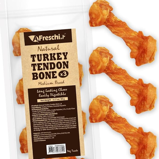 Afreschi Turkey Tendon Bone (M) 3.17 oz, USA-Sourced Turkey Tendon, All Natural Human Grade Dog Chew, Hypoallergenic, Rawhide Alternative, Dog Treats for Medium Breeds-PawvioPets