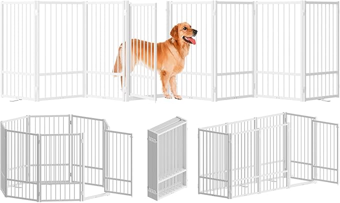 Full Metal Freestanding Dog Gate with Door, 32''Height Foldable Pet Dog Fence for Indoor & Outdoor, 8 Panels Extra Wide Free Standing TallDog Gates for Doorways,House,Stairs,Porch,Deck,Yard-PawvioPets