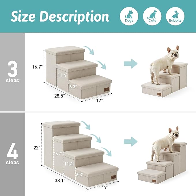 Dog Stairs with Storage, 4-Step Wider Sturdy Dog Steps for Small/Medium/Large Dogs and Older Cats, Folding Doggie Ramp for Bed/Couch/Car Hold Up to 180 lbs (22" H, Beige)-PawvioPets