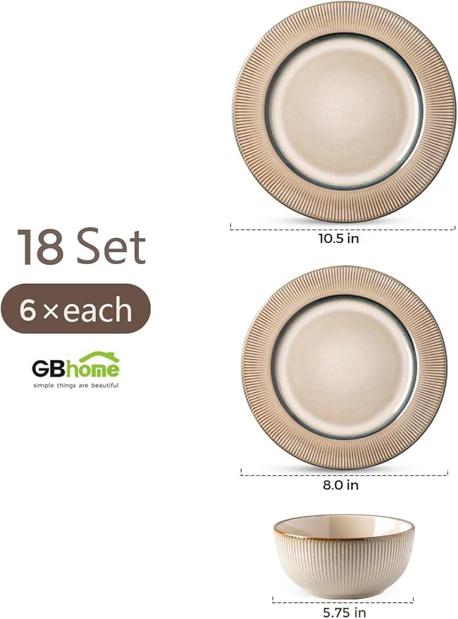 GBHOME Ceramic Dinnerware Sets, 18 Piece Embossed Elegant Stoneware Plates and Bowls Sets, Housewarming Wedding Gift | Dishwasher & Microwave Safe | Dishes Set Service for 8-PawvioPets