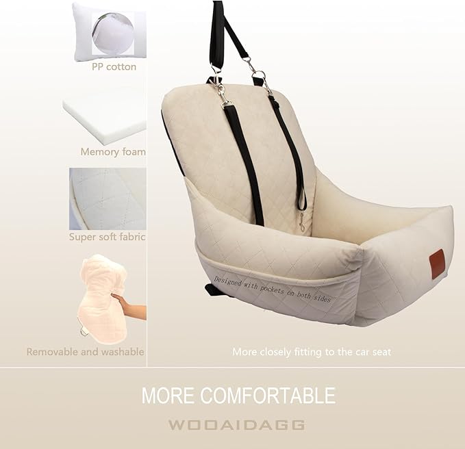 Dog Car Seat for Small Dogs,Ultra-Soft Fabric,2 Storage Pockets & Safety Leash,Adjustable Straps,Easy to Install,Fully Detachable and Washable(Beige)-PawvioPets