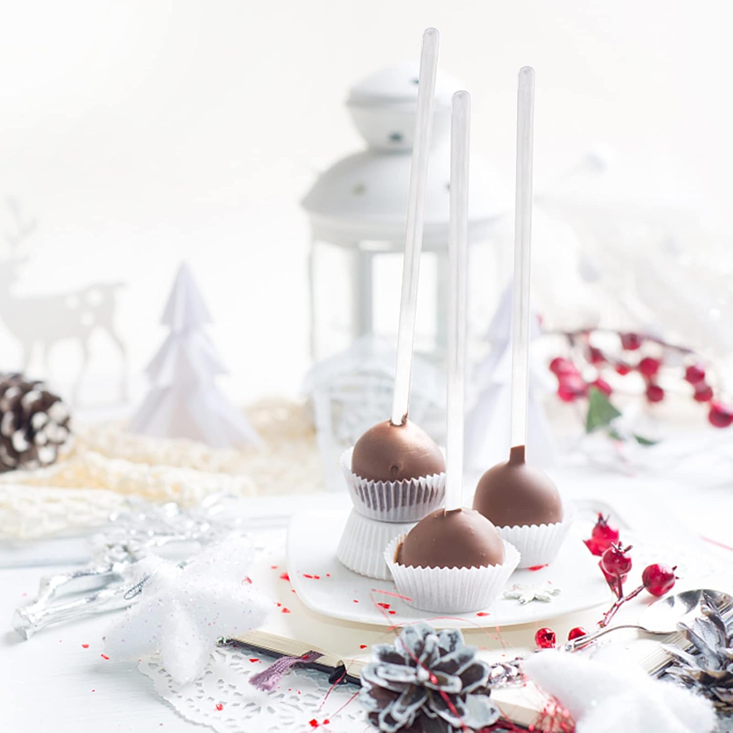 50-PCS Clear Plastic Swizzle Sticks, Crystal Cake Pops, Cocktail Coffee Drink Stirrers, Stir Sticks, 7.24 Inch