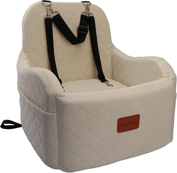 Dog Booster Car Seat,Ultra Soft Fabric & Filling Memory Foam,Elevated Cushion,3 Straps & Safety Belt Channel,Anti-Slip Base,Fully Detachable and Washable(Beige,Medium)-PawvioPets