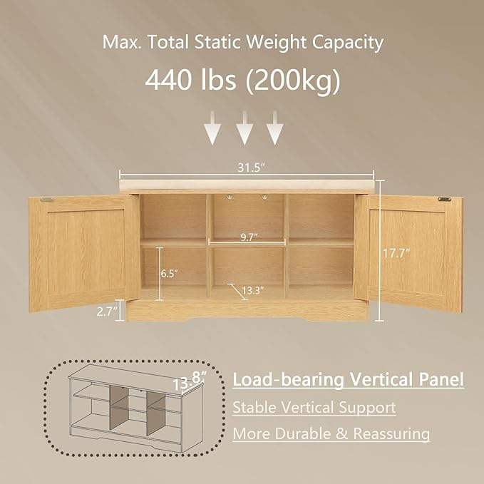 DINZI LVJ Shoe Bench, Entryway Storage Bench with Doors, Cushion, 2-Tier Shoe Rack with 6-Cubby, 31.5”L x 13.8”W Shoe Organizer Cabinet, Adjustable Shelf, Living Room, Bedroom, Natural-PawvioPets