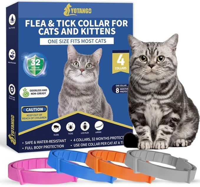4 Pack Flea Collar for Cats, 32 Months Flea and Tick Prevention for Cats, Waterproof Cat Flea Collar, Natural Cat Flea and Tick Treatment, Adjustable Flea and Tick Collar for Cats Kittens(4 Colors)-PawvioPets