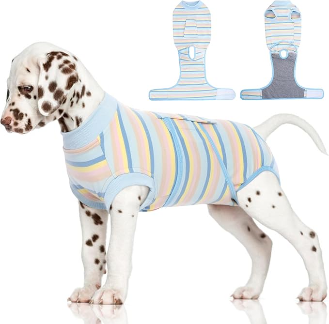 FUAMEY Recovery Suit for Dogs After Surgery,Soft Breathable Dog Bodysuit E-Collar & Cone Alternative Surgical Suit,Male Female Dog Neuter Spay Suits Anti Licking Wounds Onesie Blue Yellow Stripes S-PawvioPets